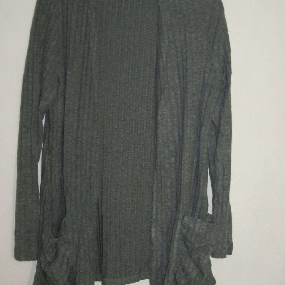 Open Front Ribbed Cardigan in Green with Front Slouchy Pockets Size Medi…